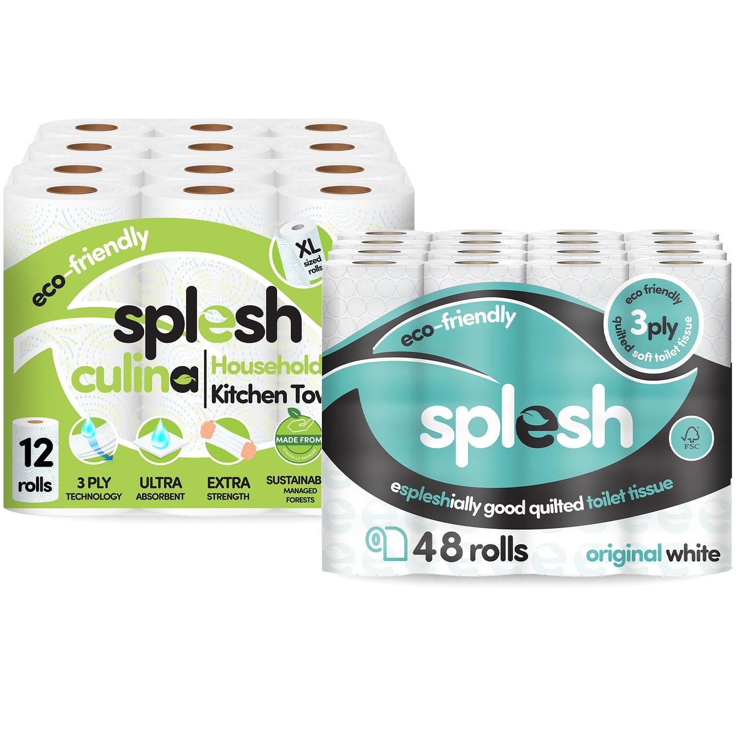 Splesh 48 Rolls Quilted Toilet Paper + 12 Culina Kitchen Towels