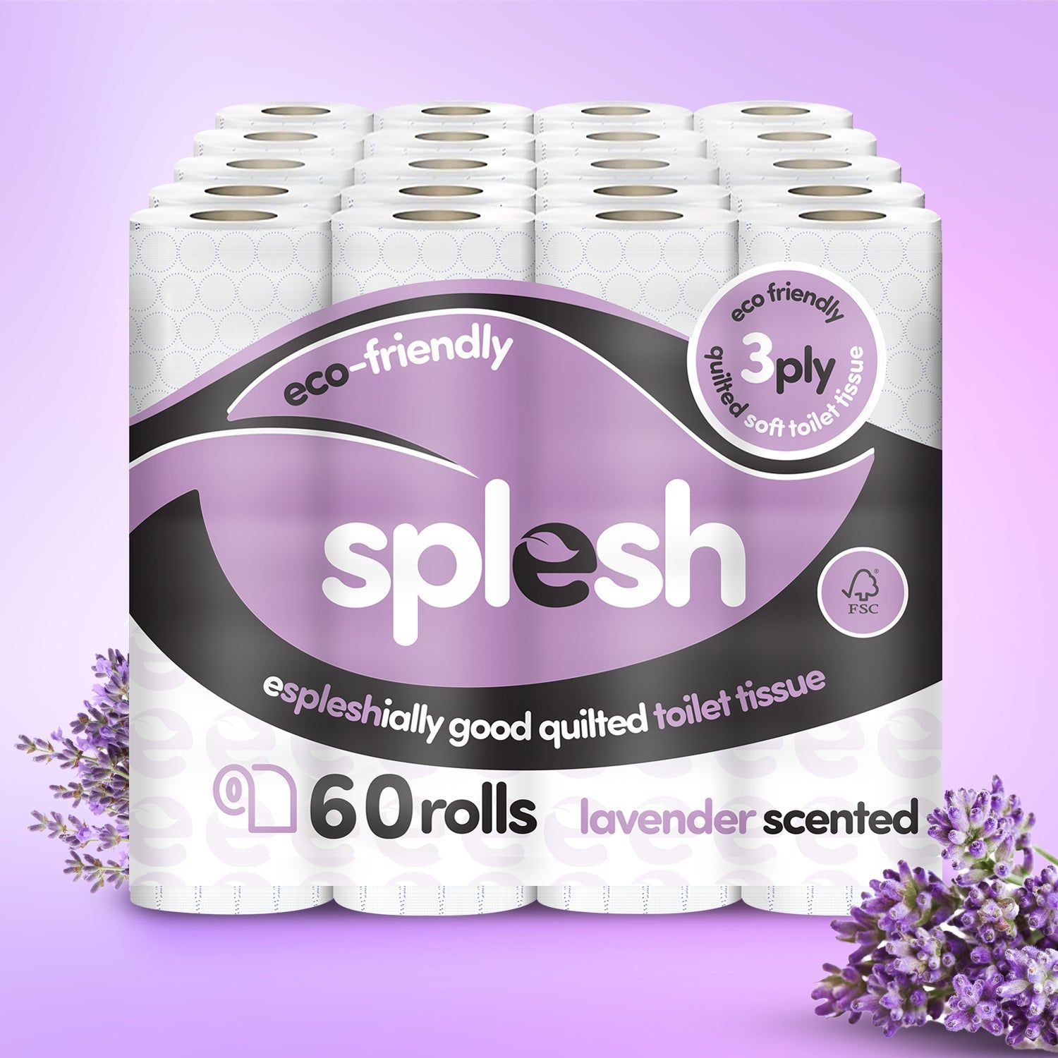 60 Rolls Cusheen Quilted 3-Ply Lavender Toilet Rolls