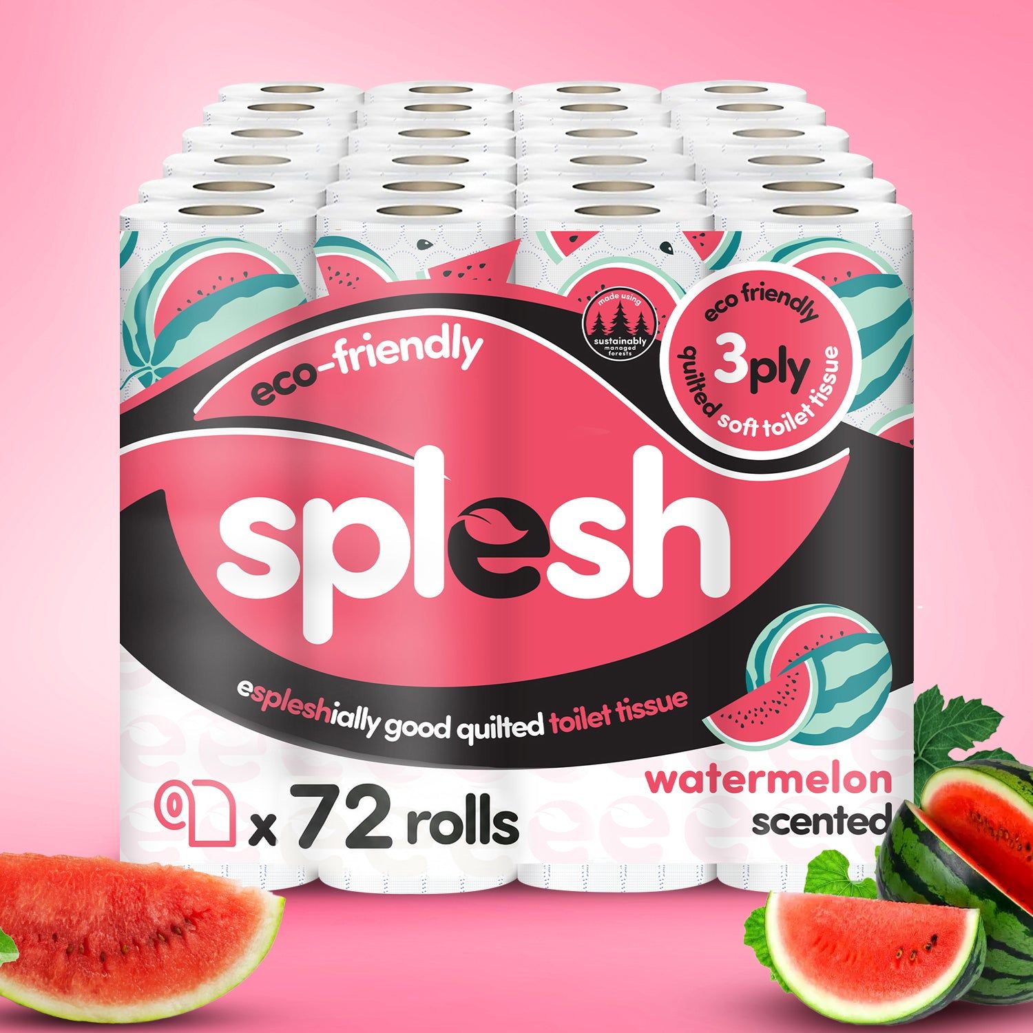 72 Rolls Splesh Quilted Luxury Watermelon 3-Ply Toilet Roll