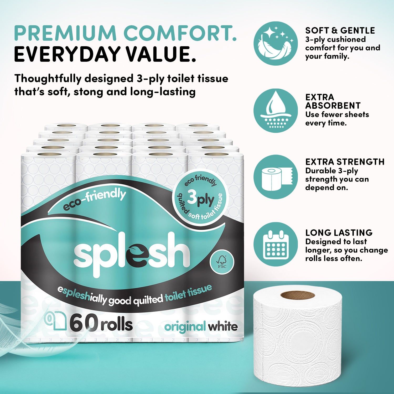 60 Rolls Splesh Quilted 3-Ply Toilet Rolls | Soft & Strong - Image 3
