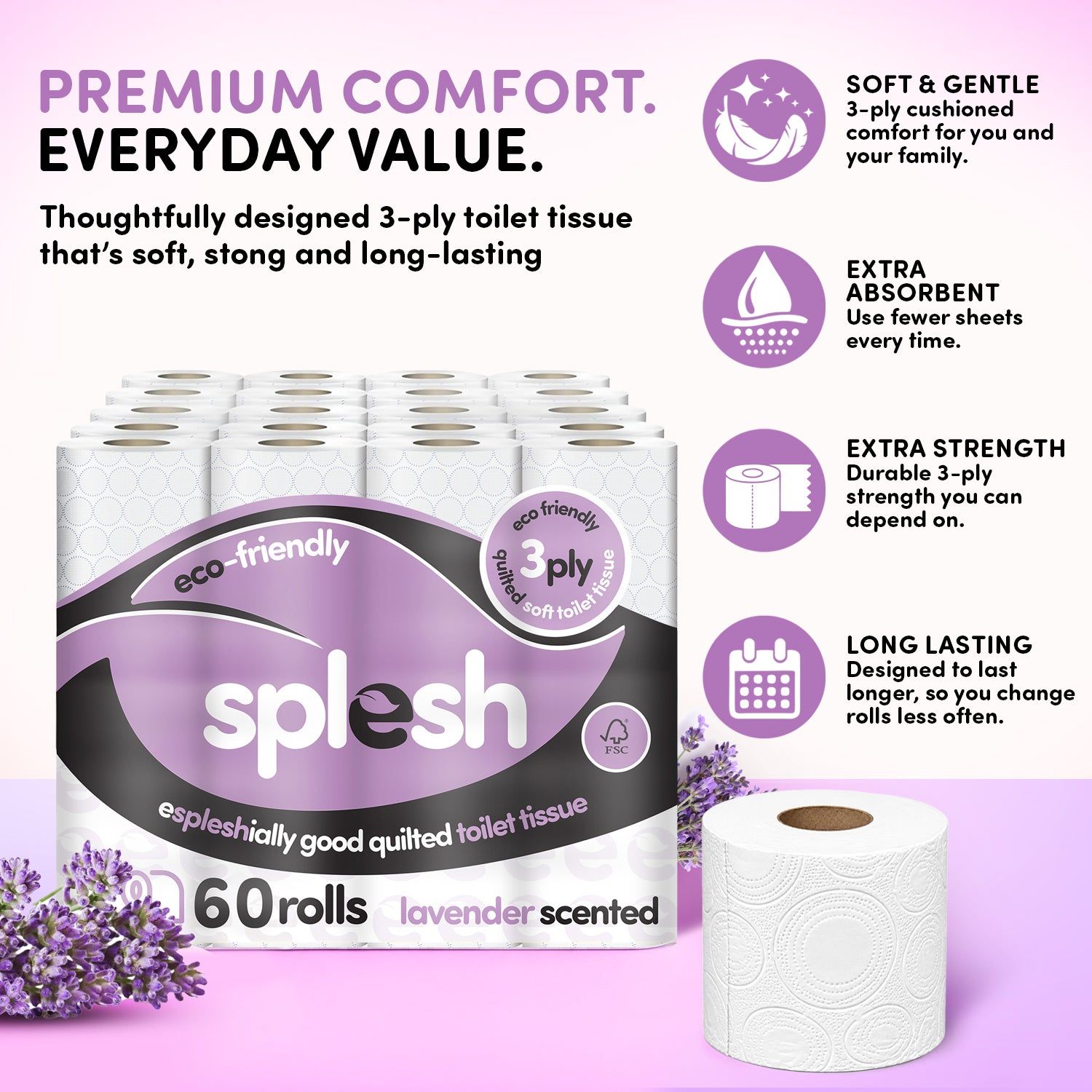 60 Rolls Cusheen Quilted 3-Ply Lavender Toilet Rolls - Image 3