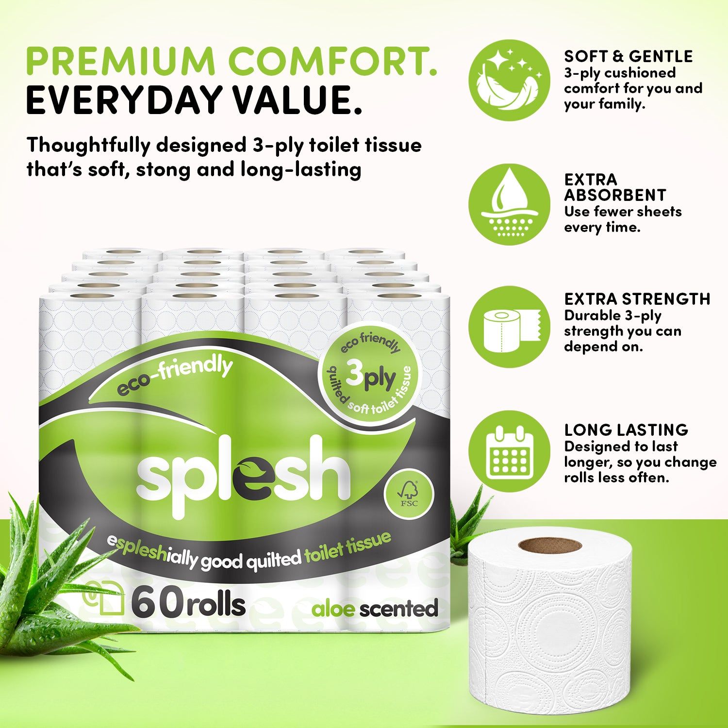 60 Rolls Splesh Toilet Roll Eco-Friendly, Soft & Quilted - Image 4