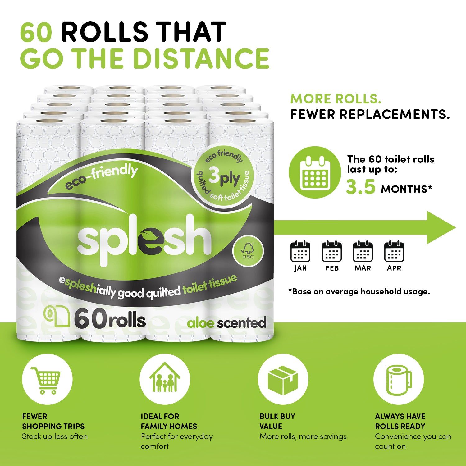 60 Rolls Splesh Toilet Roll Eco-Friendly, Soft & Quilted - Image 3