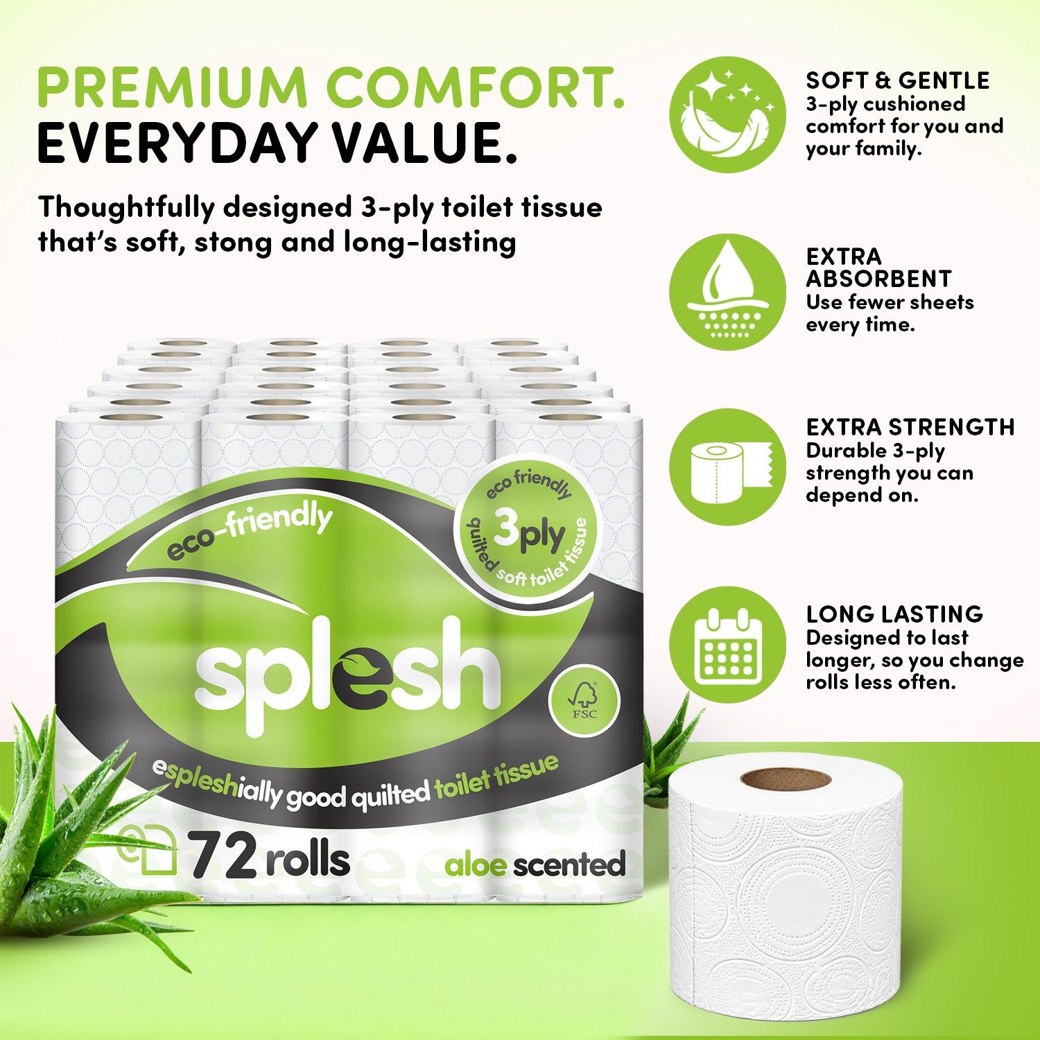72 Rolls Splesh Toilet Roll Eco-Friendly, Soft & Quilted - Image 3
