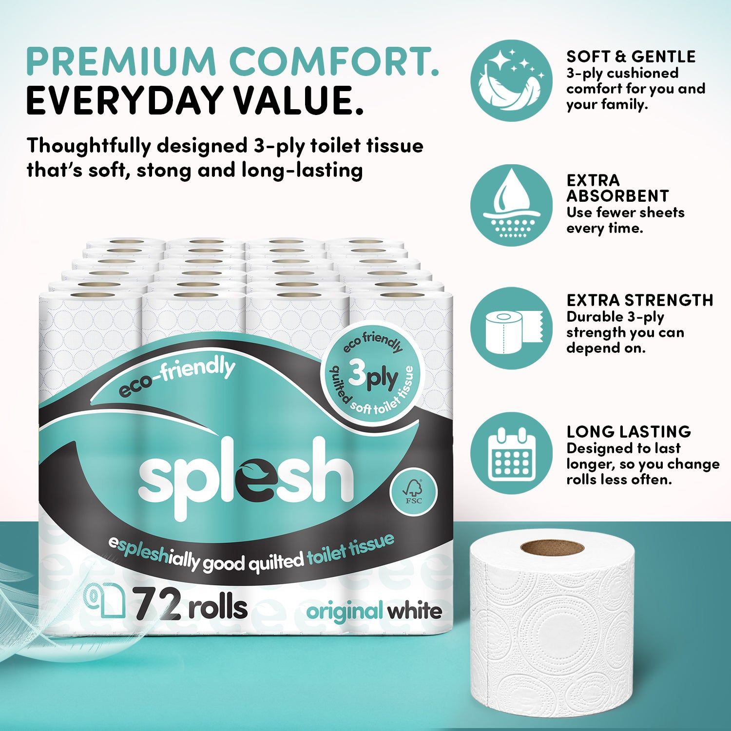 72 Rolls Splesh Toilet Roll, Soft & Quilted Eco-Friendly - Image 3