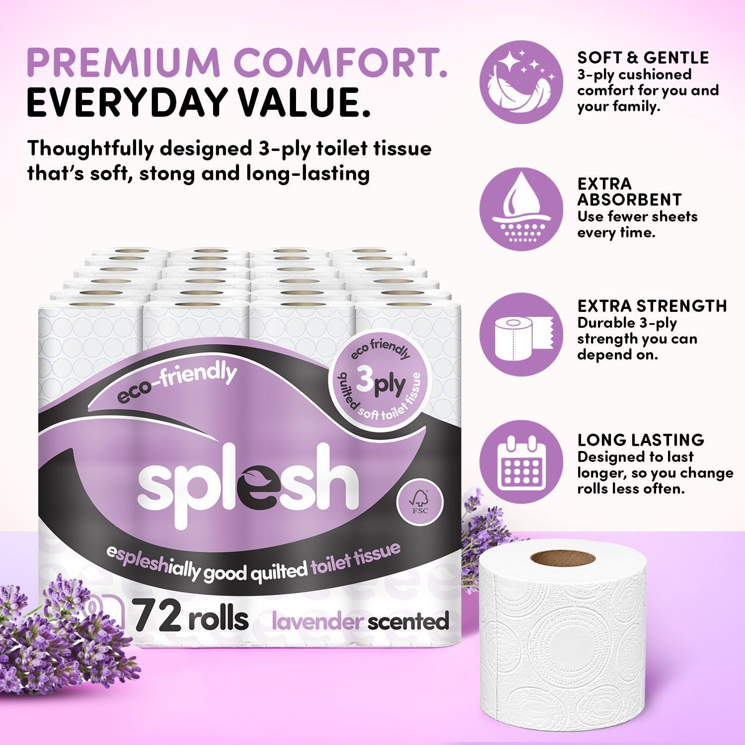 72 Lavender Scented Toilet Rolls | Eco 3-Ply Soft Tissue - Splesh - Image 4