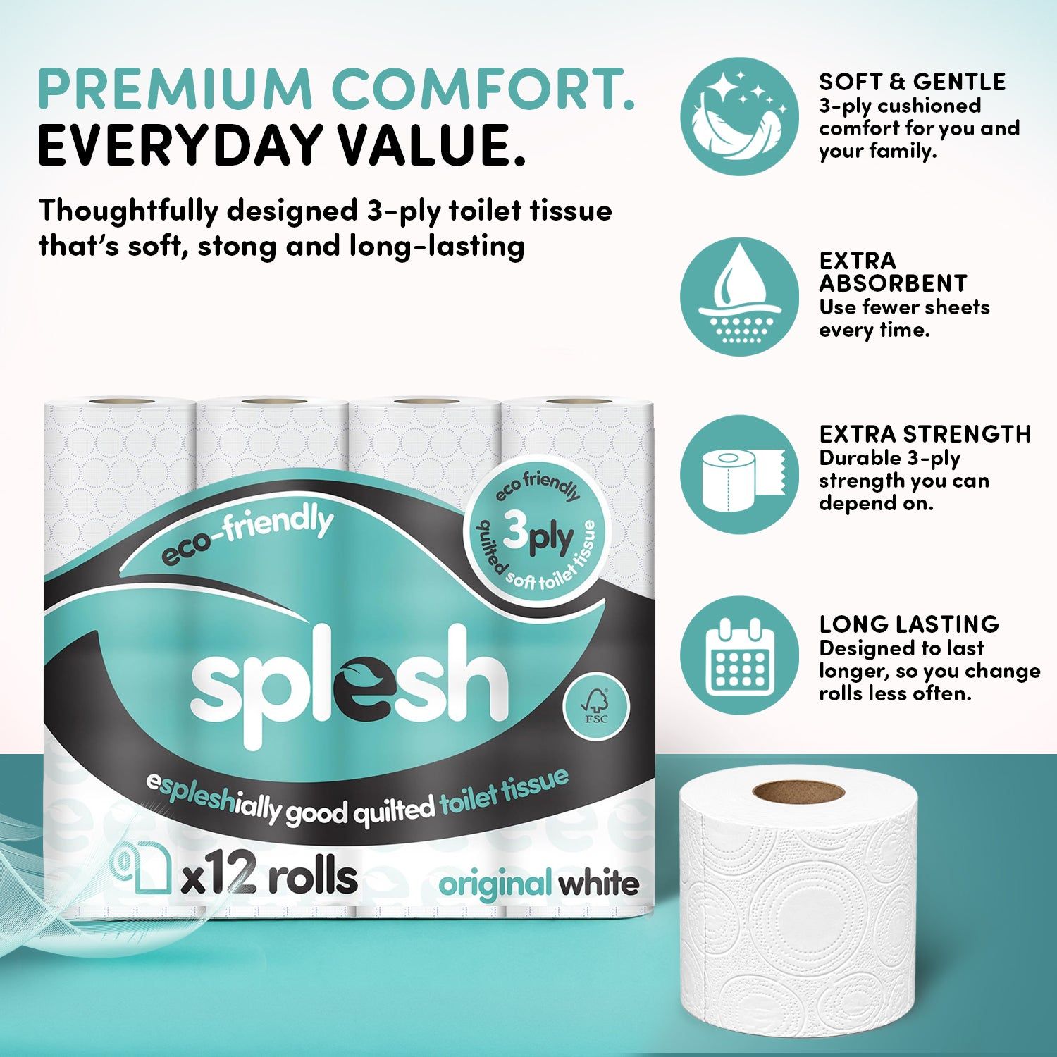 12 Rols - Toilet Roll Soft & Quilted 3-Ply Original White - Image 3