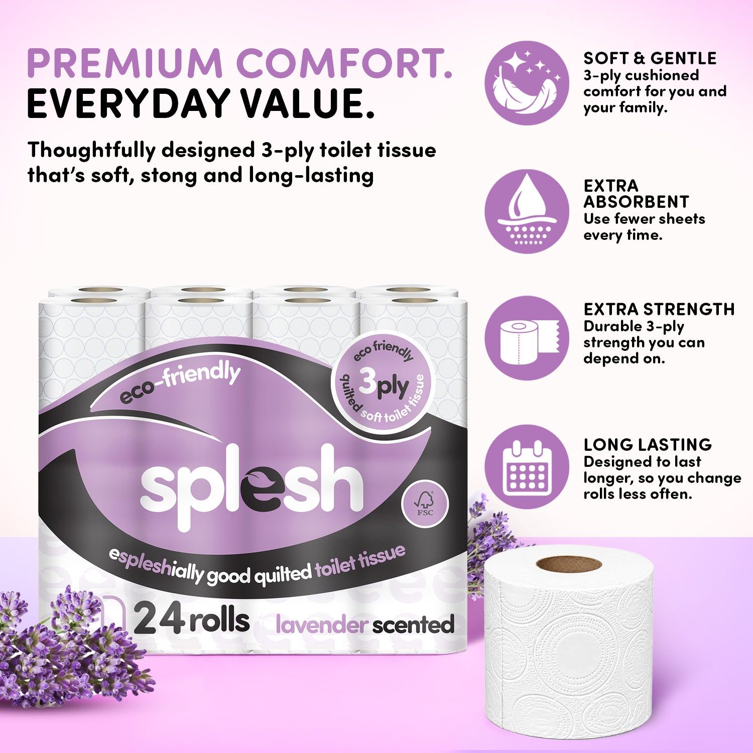 12 Rolls Splesh 3-Ply Lavender Scented Toilet Tissue - Image 3