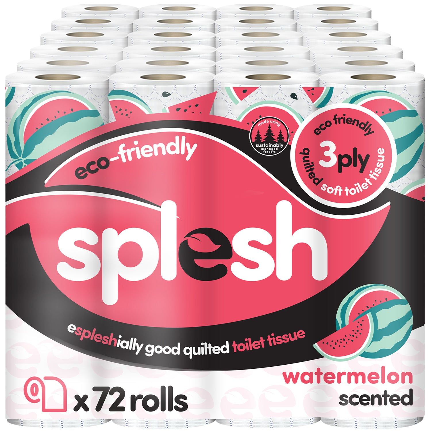72 Rolls Splesh Quilted Luxury Watermelon 3-Ply Toilet Roll - Image 2