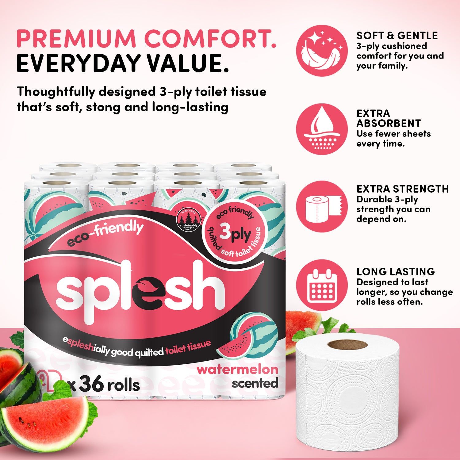 36 Watermelon Scented Toilet Rolls | 3-Ply Luxury - Image 3