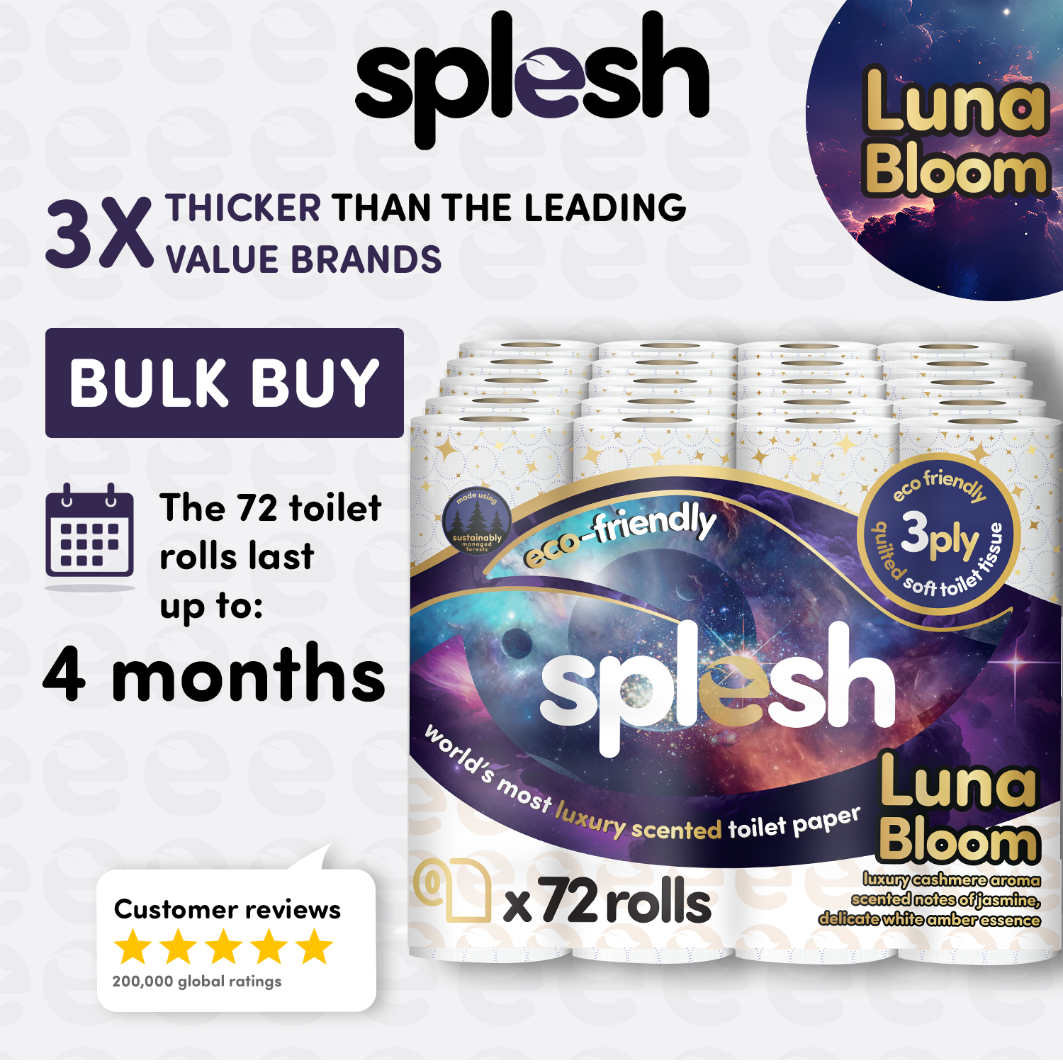 72 Rolls Splesh Quilted Luna Bloom 3-Ply Luxury Toilet Roll - Image 3
