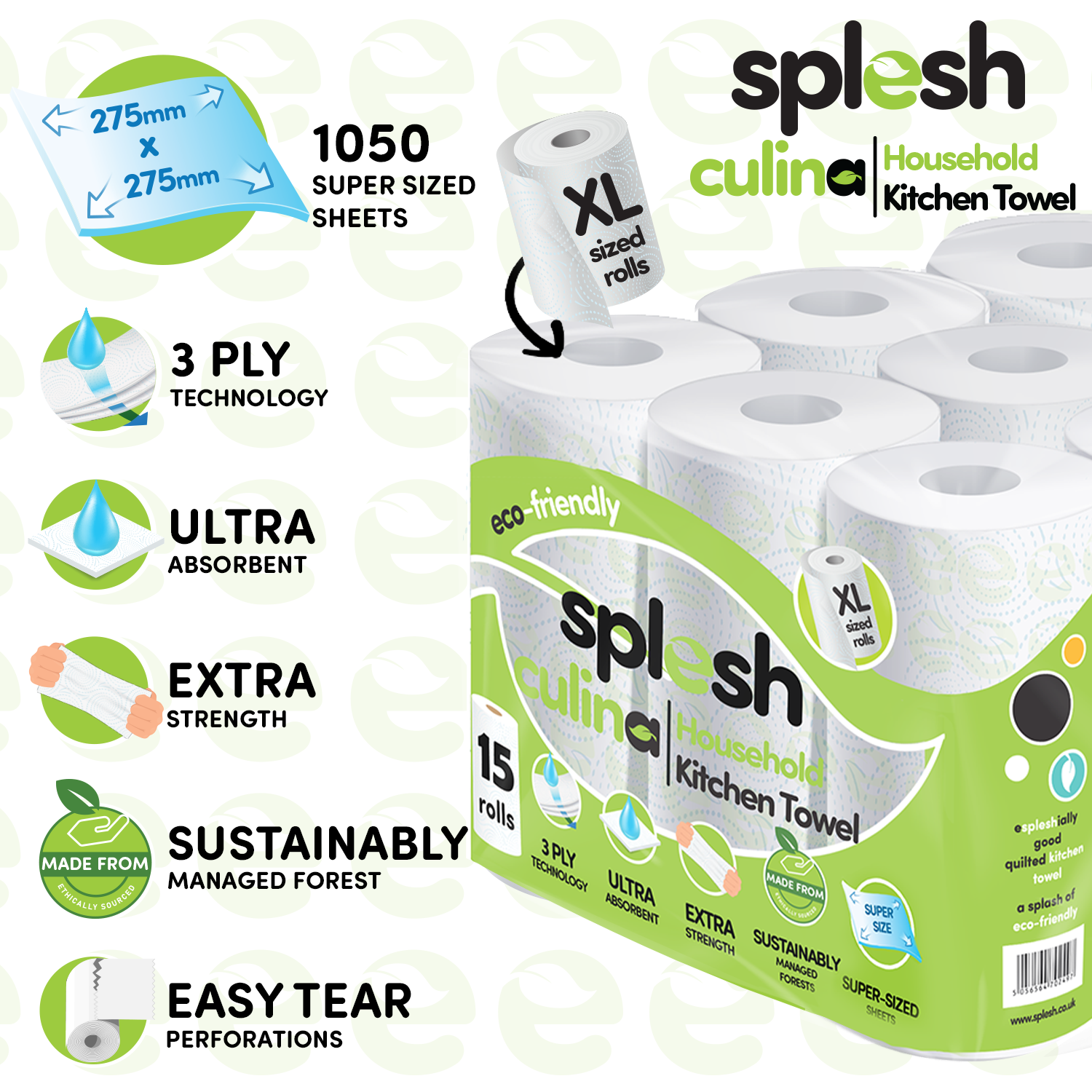 15 Rolls 3-Ply XL Kitchen Towels | Ultra Absorbent - Splesh - Image 3