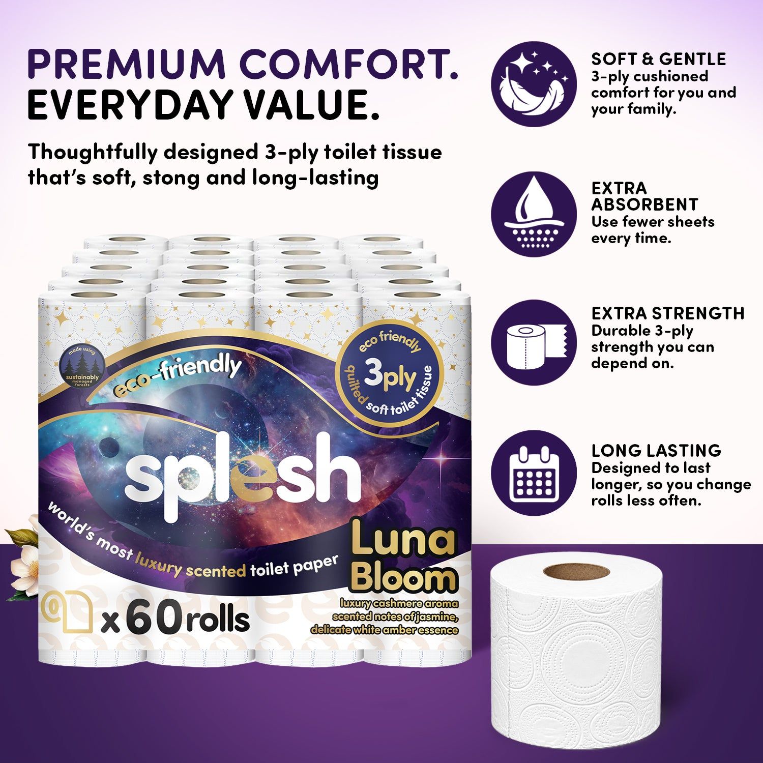 120 Luna Bloom Scented Toilet Rolls | 3-Ply Luxury - Image 3