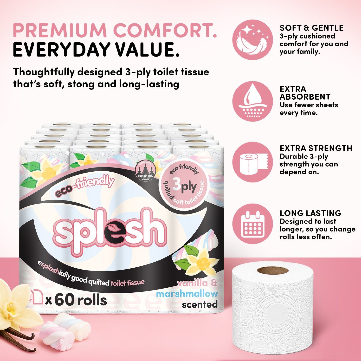 60 Vanilla & Marshmallow Toilet Rolls | 3-Ply - Image 3