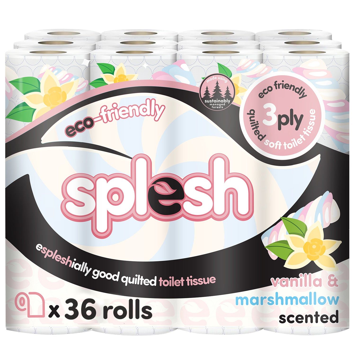 Splesh Quilted Luxury Vanilla & Marshmallow 3-Ply Soft Toilet Paper, 36 Rolls - Image 2