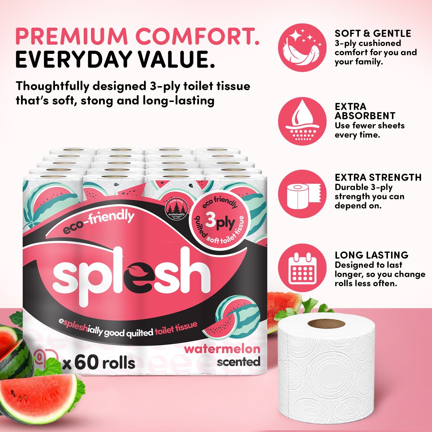 Splesh Quilted Toilet Roll Luxury Watermelon 3-Ply Soft Toilet Paper, - Image 3