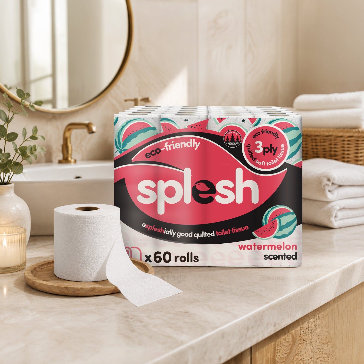Splesh Quilted Toilet Roll Luxury Watermelon 3-Ply Soft Toilet Paper, - Image 4