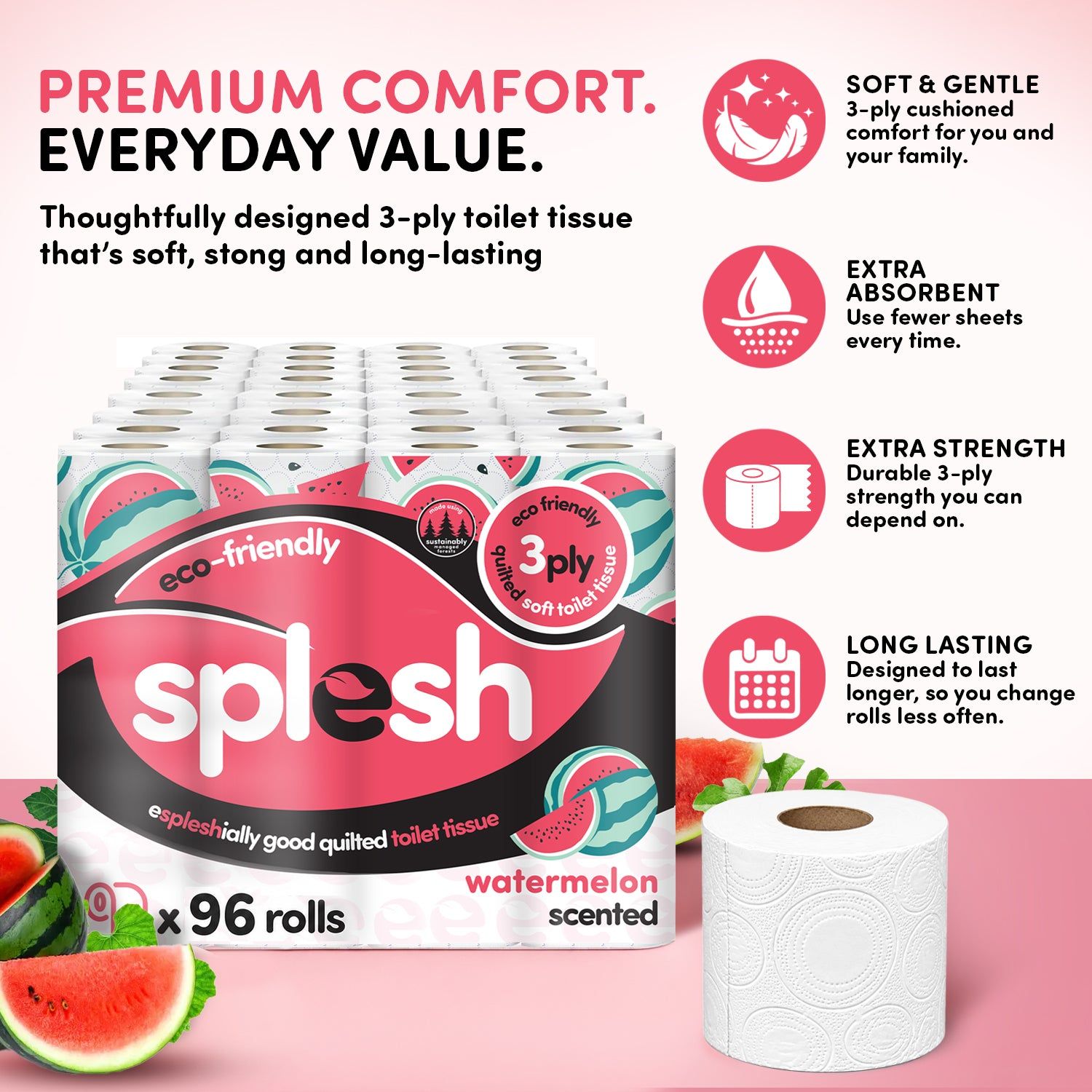 96 Watermelon Scented Toilet Rolls | 3-Ply Luxury - Image 3