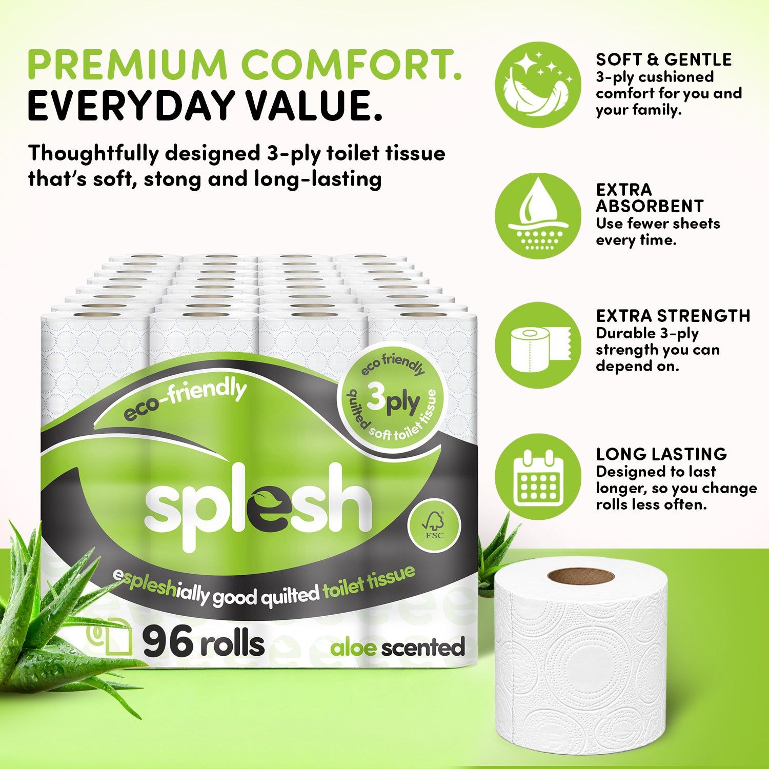 Splesh Toilet Roll Eco-Friendly, Soft & Quilted, Aloe Vera 96 Rolls - Image 3