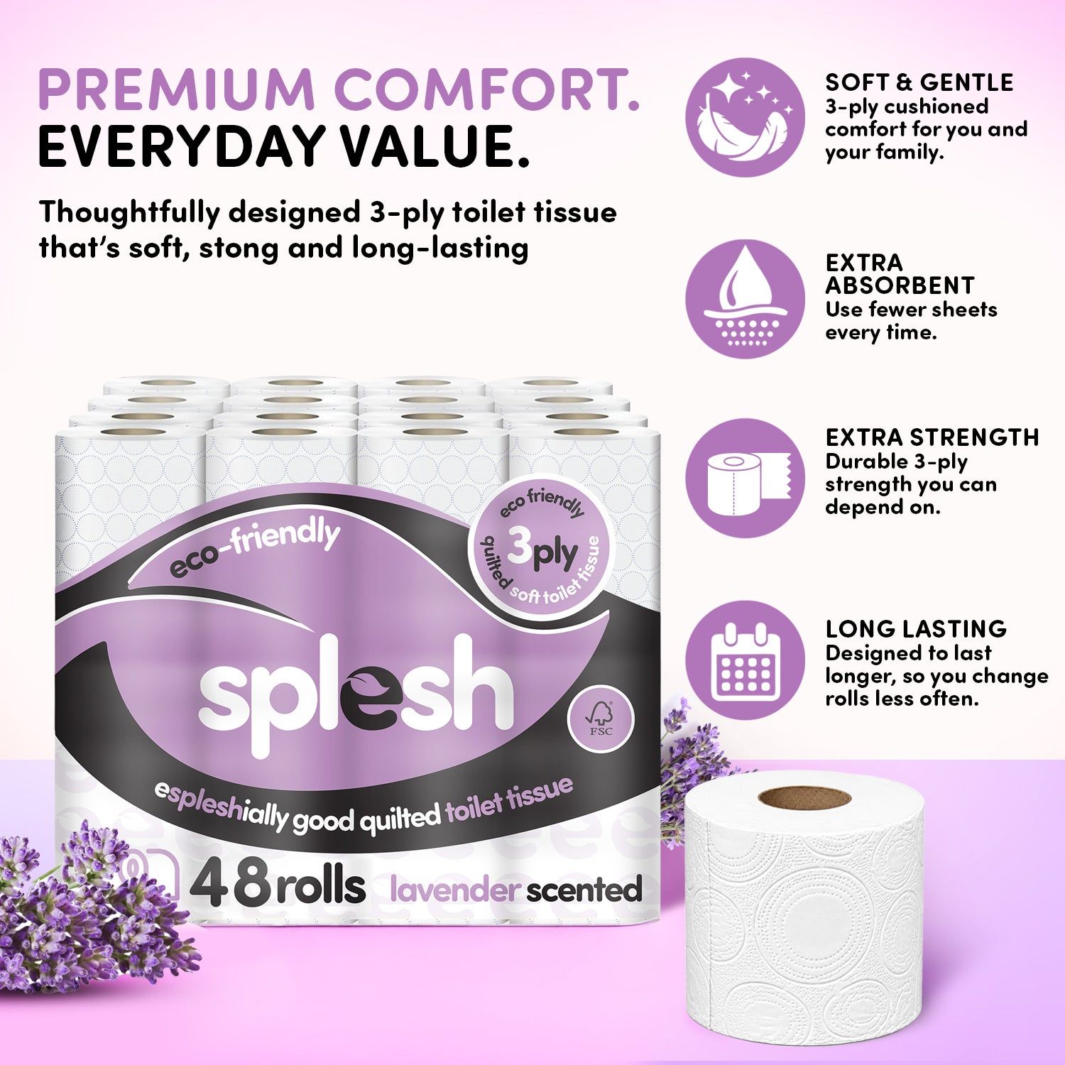 Cusheen Quilted 3-Ply Lavender Toilet Rolls - £14.99 - Image 3