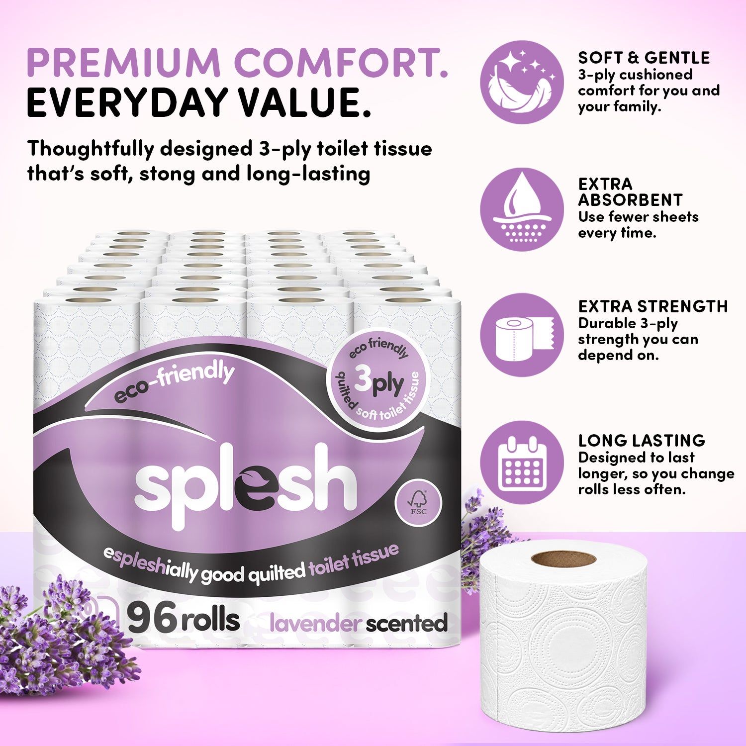 96 Lavender Quilted Toilet Rolls | Eco 3-Ply Tissue - Image 3