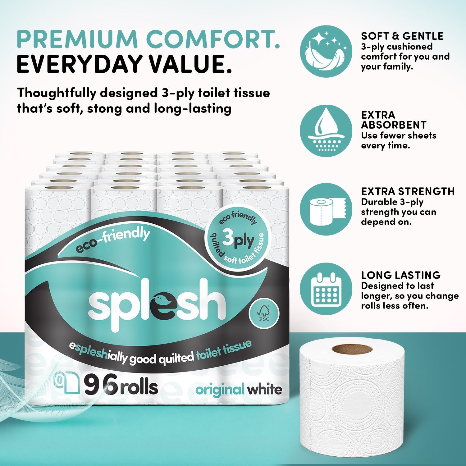 Splesh Toilet Roll, Soft & Quilted Eco-Friendly, White, 96 Rolls - Image 3
