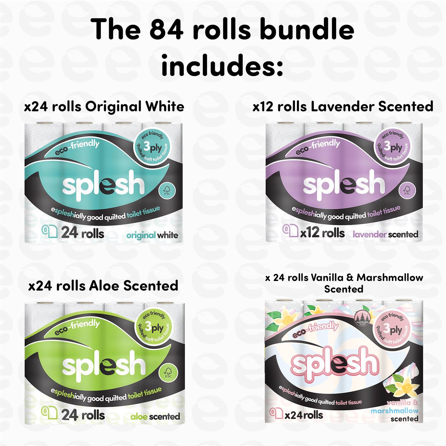 84 Toilet Rolls Splesh Variety Pack (x24 White, Aloe, Vanilla) - Image 2